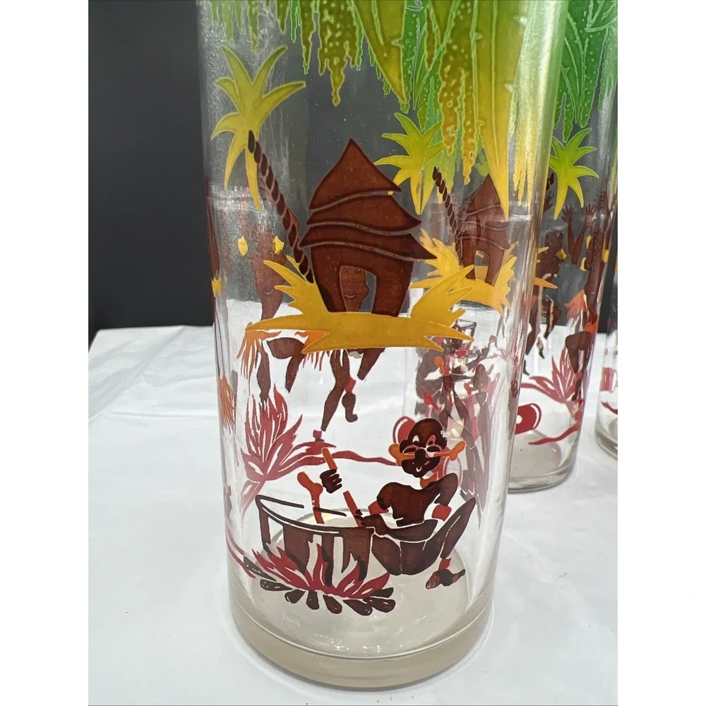 Set of 3 Vintage Federal Glass MCM Dancing Natives Tiki Tom Collins Glasses 6.75